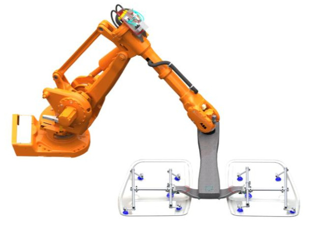 Robot spawalniczy Kuka Abb chwytający panele słoneczne w przemyśle fotowoltaicznym jako śrubokręt
