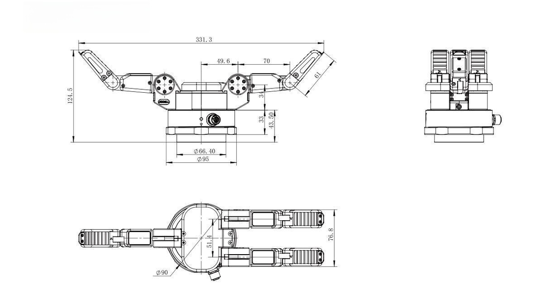 Trzy 3-palcowy adaptacyjny system chwytaków robota z łatwością obejmuje chwytaki Masa własna 0,98 kg 60 W